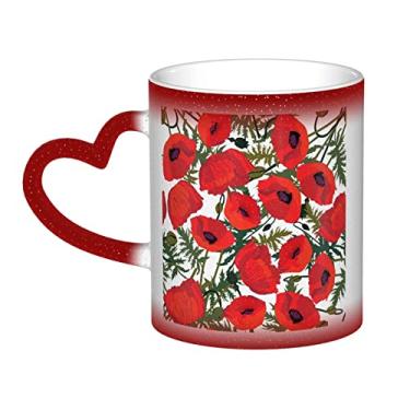 Imagem de Copo de café divertido com estampa de flor de papoula, copo de cerâmica com mudança de cor sensível ao calor 12 Oz, para café/chá/leite/cacau, para adolescente/aniversário/festival/presentes