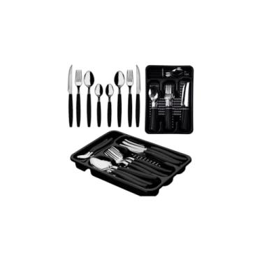 Imagem de Jogo de Faqueiro Inox com Gaveteiro, 25 Peças, Cabo Polipropileno, Preto e Vermelho, Porta Talheres Organizador, 6 Facas 6 Garfos 6 Colheres