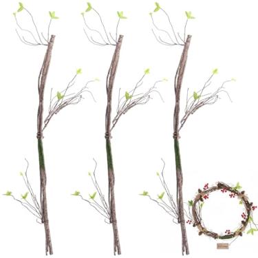 Imagem de 3 ramos de árvore artificiais dobráveis, galhos secos falsos realistas com musgo, galhos flexíveis estilo videira com folhas, hastes artesanais para decoração de casa, arranjos florais, grinaldas