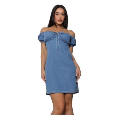 Imagem de VESTIDO JEANS CURTO FEMININO COM MANGAS BUFANTES 24926 GG MÉDIA UNICA-Feminino