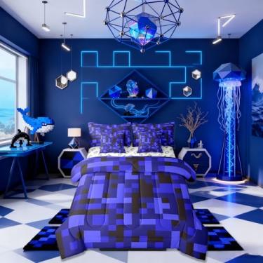 Imagem de Conjunto de cama Pixelated Blocks tamanho casal, jogo de cama gamer de mineiros de camuflagem do exército, 7 peças, decoração de patchwork de grade geométrica para meninos e meninas, preto azul escuro