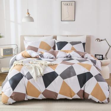 Imagem de Cozaline Conjunto de capa de edredom 100% algodão King – Conjunto de cama triangular nórdico amarelo cinza 3 peças, capa de edredom reversível leve com fecho de zíper, conjunto de cama minimalista