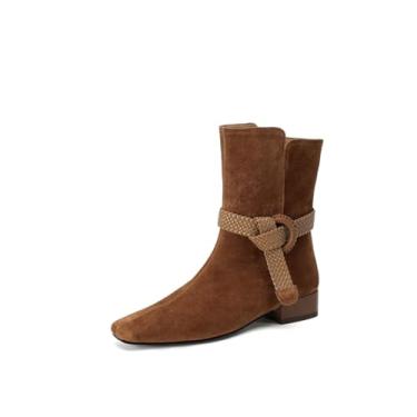 Imagem de TinaCus Bota feminina de couro de camurça, feita à mão, bico quadrado, salto baixo, fivela e fivela, Marrom, 39