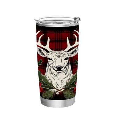 Imagem de Wassud Fundo xadrez com veado (2) copo de 590 ml com tampa e canudo, copo isolado a vácuo de parede dupla de aço inoxidável caneca de café de viagem para bebidas frias e quentes