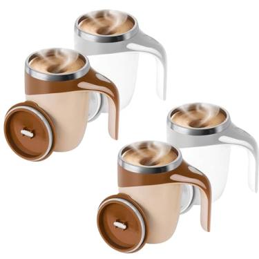 Imagem de Kit 4 Canecas Misturadora Automática Elétrica USB com Bateria Recarregável, 380ml, Marrom e Branco, Sistema de Mistura para Café e Bebidas, Tampa de Aço Inoxidável