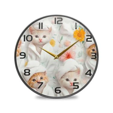 Imagem de YETTASBIN Cute Kittens Relógio de parede acrílico - Silencioso, sem tique-taque, operado por bateria, relógio redondo decorativo criativo para cozinha, sala de estar, banheiro, decoração de escritório