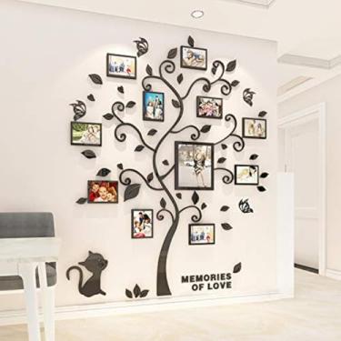 Imagem de Adesivos de parede pretos 3D com folhas de tronco feliz árvore genealógica adesivo de decoração DIY com quatro molduras de fotos de barras verticais DIY (preto, M)