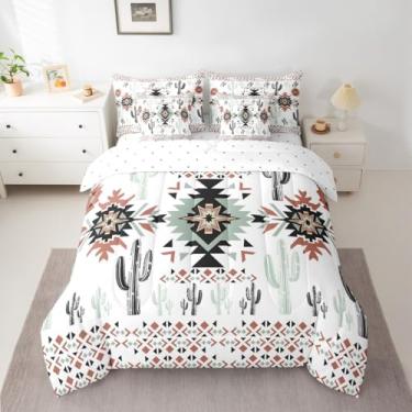 Imagem de Feelyou Conjunto de edredom asteca do sudoeste cáqui, tamanho solteiro, geométrico, vintage, rústico, cacto ocidental, boêmio, tribal, em uma bolsa com edredom, lençóis, fronhas, branco e vermelho
