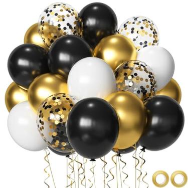 Imagem de Pacote com 50 balões de confete de ouro preto, 30,5 cm, dourados, brancos e pretos para decorações de festa de casamento e aniversário de formatura