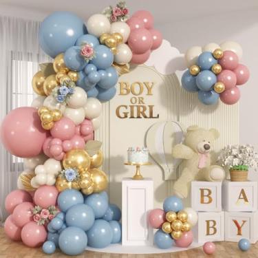 Imagem de Kit de guirlanda de arco de balão rosa e azul empoeirado, balões de revelação de gênero balões metálicos dourados e brancos para revelação de gênero, boho, despedida de solteira, aniversário, chá de