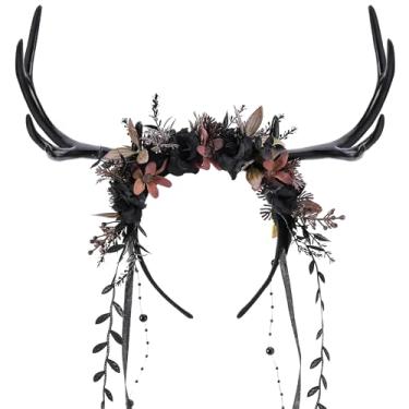 Imagem de MOSTORY Tiara de chifre de flor preta – Faixa de cabeça de rena floral escura para bruxa, estética, cosplay renascentista, acessórios femininos, chifres de veado gótico com videira para sessão de
