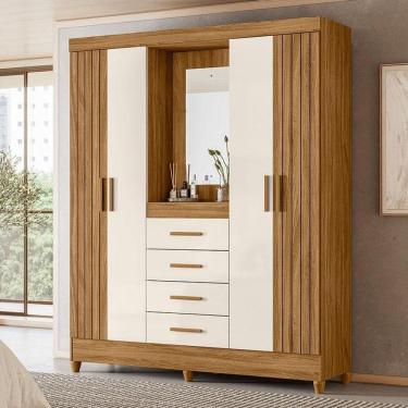 Imagem de Guarda Roupa Solteiro Ambiente Atenas Com Espelho 4 Portas Freijó Off White- Moval