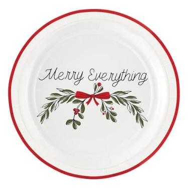 Imagem de Slant Collections Pratos de papel descartáveis de Natal com 8 unidades, tamanho de sobremesa – 17 cm, design Merry Everything Holiday Greenery