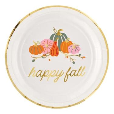 Imagem de Slant Collections Pratos de papel descartáveis redondos para festa de Natal/sobremesa com borda dourada, 18 cm, design de abóbora branca Happy Fall