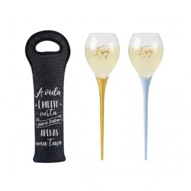 Imagem de Kit 2 Taças Praia Wine on The Beach + Bolsa para Vinho Neoprene – Estaca para Areia – 520ml – Transporte Seguro – Ideal Praia, Pôr do Sol e Passeios (Azul e Dourado, Bolsa para Vinho Just One Glass)