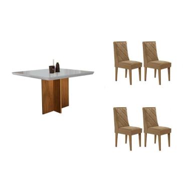 Imagem de Sala Jantar Mesa Berlim Tampo c/ Vidro Curvo 90cm+4 Cadeiras Pietá Madeira Naturale/Off White - Capuccino/Linho Bege - Rufato