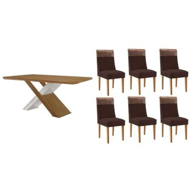 Imagem de Sala Jantar Mesa Imperatriz Tampo Curvo 180cm+6 Cadeiras Jaspe Madeira Naturale/Off White - Capuccino/Suede Marrom - Rufato