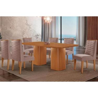 Imagem de Sala Jantar Mesa Maldivas Tampo Curvo 180cm+6 Cadeiras Dafne Madeira Naturale - Capuccino/Linho Capuccino - Rufato