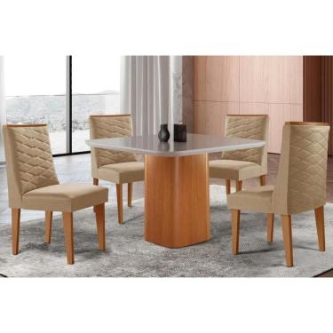Imagem de Sala Jantar Mesa Maldivas Tampo c/ Vidro Curvo 90cm+4 Cadeiras Dafne Madeira Naturale/Off White - Capuccino/Linho Bege - Rufato