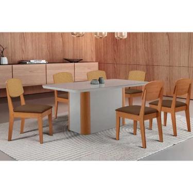 Imagem de Sala Jantar Mesa Pietá Tampo c/ Vidro Curvo 180cm+6 Cadeiras Havana Naturale/Off White - Suede Marrom - Rufato