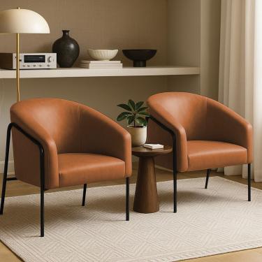 Imagem de Poltrona Sala Decorativa Kit 2 Stella Base Alta Tubo Preto Sintético Pu Whisky D03 - D'rossi