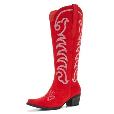 Imagem de Botas femininas plus size de camurça de camurça larga – Botas caubói na altura do joelho ocidental com costura bordada, design de puxar e salto baixo, Vermelho, 10 Wide