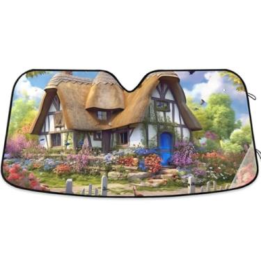 Imagem de Pára-sol de paisagem de casa de campo de palha para para-brisa de carro dobrável personalizado persianas de janela de carro para-brisa frontal retrátil L, 144,8 cm x 80 cm