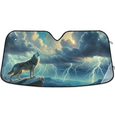 Imagem de Sombra solar personalizada de lobo uivando relâmpago para para-brisa de carro universal dobrável caminhão persianas de carro para protetor de janelas dianteiras L, 144,8 cm x 80 cm