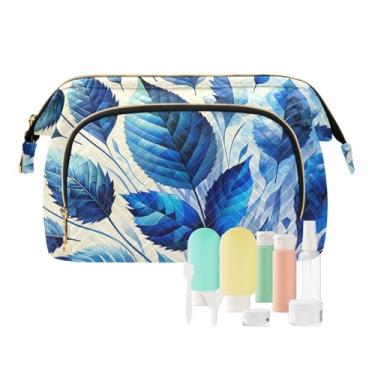 Imagem de TSENQUE Bolsa organizadora de maquiagem de mármore roxo de grande capacidade com conjunto de acessórios de 9 peças, bolsas de cosméticos femininas para bolsa, Folhas azuis, one size