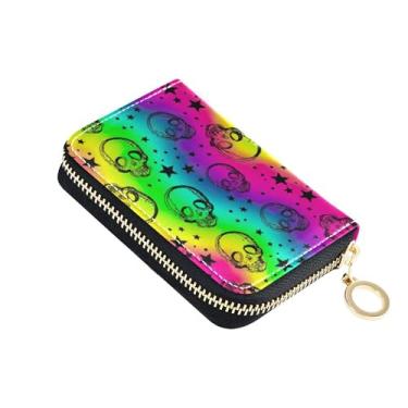 Imagem de Porta-cartões com bloqueio de RFID, carteira feminina de couro, pequena, masculina, com bolso para moedas, caveiras coloridas, arco-íris