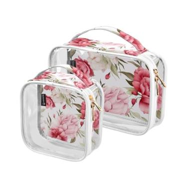 Imagem de GAIGEO Conjunto de bolsa cosmética transparente de flor de peônia rosa, bolsa de cosméticos com zíper duplo, bolsa de higiene pessoal tamanho viagem para mulheres, pacote com 2, Floral floral em