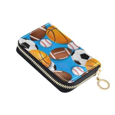 Imagem de Porta-cartão de crédito com bloqueio de RFID, carteiras femininas, carteira pequena de couro com zíper, bolas esportivas, bolas de futebol, desenho animado azul
