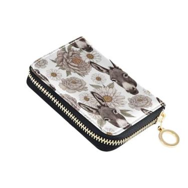 Imagem de Carteira feminina de couro com estampa de flores de burro cinza com bloqueio de RFID, linda carteira pequena com zíper e bolsa para moedas
