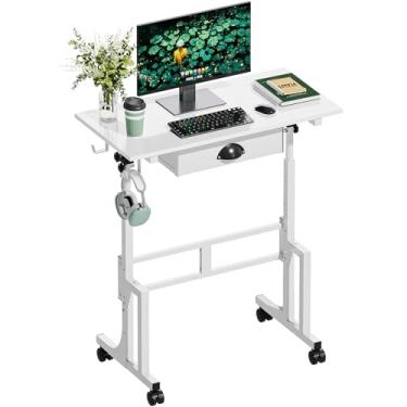 Imagem de Samll Mesa de computador branca com gavetas, mesa de escritório em casa ajustável em altura com 4 rodas e 2 ganchos, mesa de jogos de estudo portátil com rodinhas para laptop, tablet, tapete de