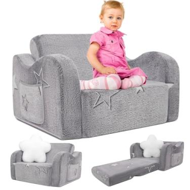 Imagem de LOSEEF Sofá infantil, 2 em 1 para crianças, macio, dobrável com travesseiro macio, sofá conversível para espreguiçadeira para meninas e meninos, estrela cinza