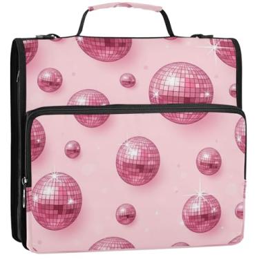 Imagem de Organizador profissional de fichário com zíper, 3 fichários de 3,8 cm, anel D rosa brilhante, bolas de discoteca, rosa, comporta 500 folhas, bolsa para fichário do ensino médio com alça 34,5 x 31,5 x