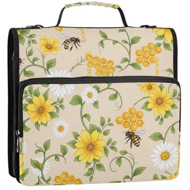 Imagem de Pasta organizadora de documentos de 3,8 cm com 3 anéis, flores amarelas e brancas com zíper, pasta de armazenamento com alça, 34,5 x 31,5 x 9 cm