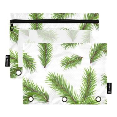Imagem de Bolsa de lápis com estampa fofa para fichário de 3 anéis, ramos de pinheiro verde, branco, com zíper, bolsa para lápis, caneta, escola, pastas transparentes, bolsos fofos, 25 x 18 cm, 2 pacotes