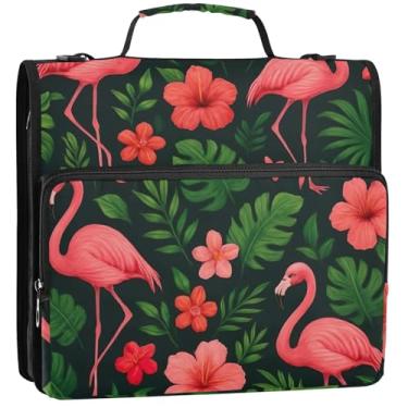 Imagem de Fichários de flamingos rosa com folhas tropicais escuras 3,8 cm, 3 anéis, fichário com zíper, fichário organizador com alça, bolsa escolar de ensino médio, estojo de armazenamento rosa com alça, 34,5