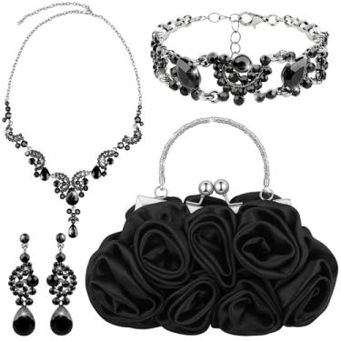 Imagem de HIKIMA Conjunto de joias de strass com 4 peças, bolsa de mão rosa com alça destacável, colar de strass, brincos pendentes para festa de casamento nupcial, baile, presente de dia dos namorados, preto