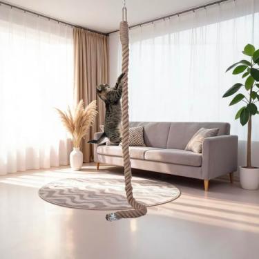 Imagem de Corda de escalada para gatos, corda de juta de escalada para gatos, poste de arranhar na parede com clipe de parafusos de gancho para gatos internos e externos (2 m)