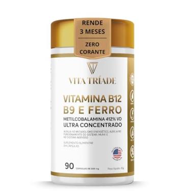 Imagem de Vitamina b12 Metilcobalamina 412% 9,9mcg + Acido Fólico 150% + ferro 100% - 90 Cáps - Vita Tríade