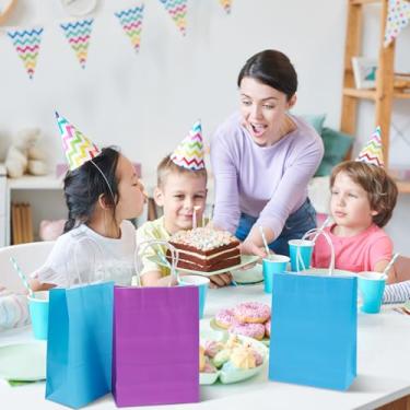 Imagem de Pacote com 12 sacos de presente com alças, 16,3 x 8,1 x 8,5 polegadas, saco de presente de papel para decoração de festa de chá de bebê, casamento, aniversário, sereia, azul claro, roxo claro
