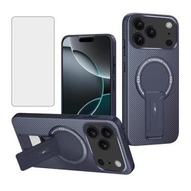 Imagem de Asuwish Capa de telefone para iPhone 17 Pro 6,3 polegadas capa de fibra de carbono magnética com protetor de tela de vidro temperado e suporte protetor fino acessórios de celular macio i Phone17 i17