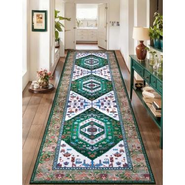Imagem de SERISSA Tapete de corredor para corredores, tapete de corredor de cozinha lavável antiderrapante de 6,6 cm x 25,4 cm, longo, boêmio, vintage, verde, branco, escada, ultramacio, estampado, para quarto