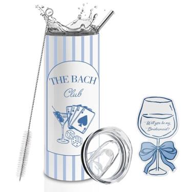 Imagem de BUZCOZY Cartão de pedido de dama de honra e conjunto de copo de 590 ml, copo isolado para despedida de solteira The Bach Club com canudo e tampa, presente Will You Be My Bridesmaid para chá de panela