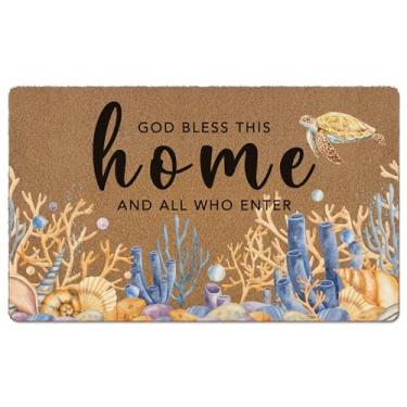 Imagem de huester Tapete de porta de boas-vindas cristão Coastal Beach, God Bless This Home, versículo da Bíblia oceano, tartaruga, decorativo, casa, interior, exterior, varanda, entrada, exterior, capacho de