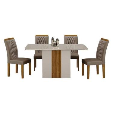 Imagem de Mesa De Jantar Doha 120x80 Off White Decor Off Com 4 Cadeiras Freijó Joli Camurça – Leifer Móveis