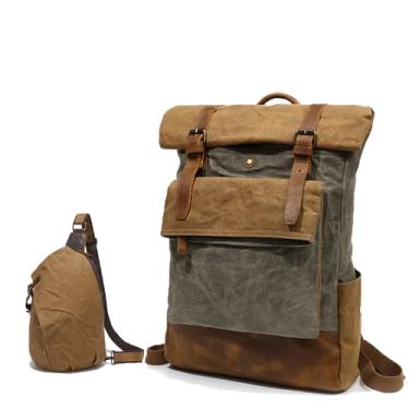 Imagem de Mochila Vintage De Lona Encerada,Bolsa Frontal RemovíVel, à Prova D'áGua E Com Fecho De Enrolar, Ideal Para O Dia A Dia, Viagens E Atividades Ao Ar Livre Para Homens E Mulheres