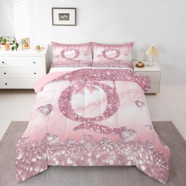 Imagem de Erosebridal Conjunto de cama com letras do alfabeto, monograma, laço rosa, tamanho solteiro, com laços de princesa, para crianças, meninos, meninas, mulheres, sonhador, moderno, fofo, edredom